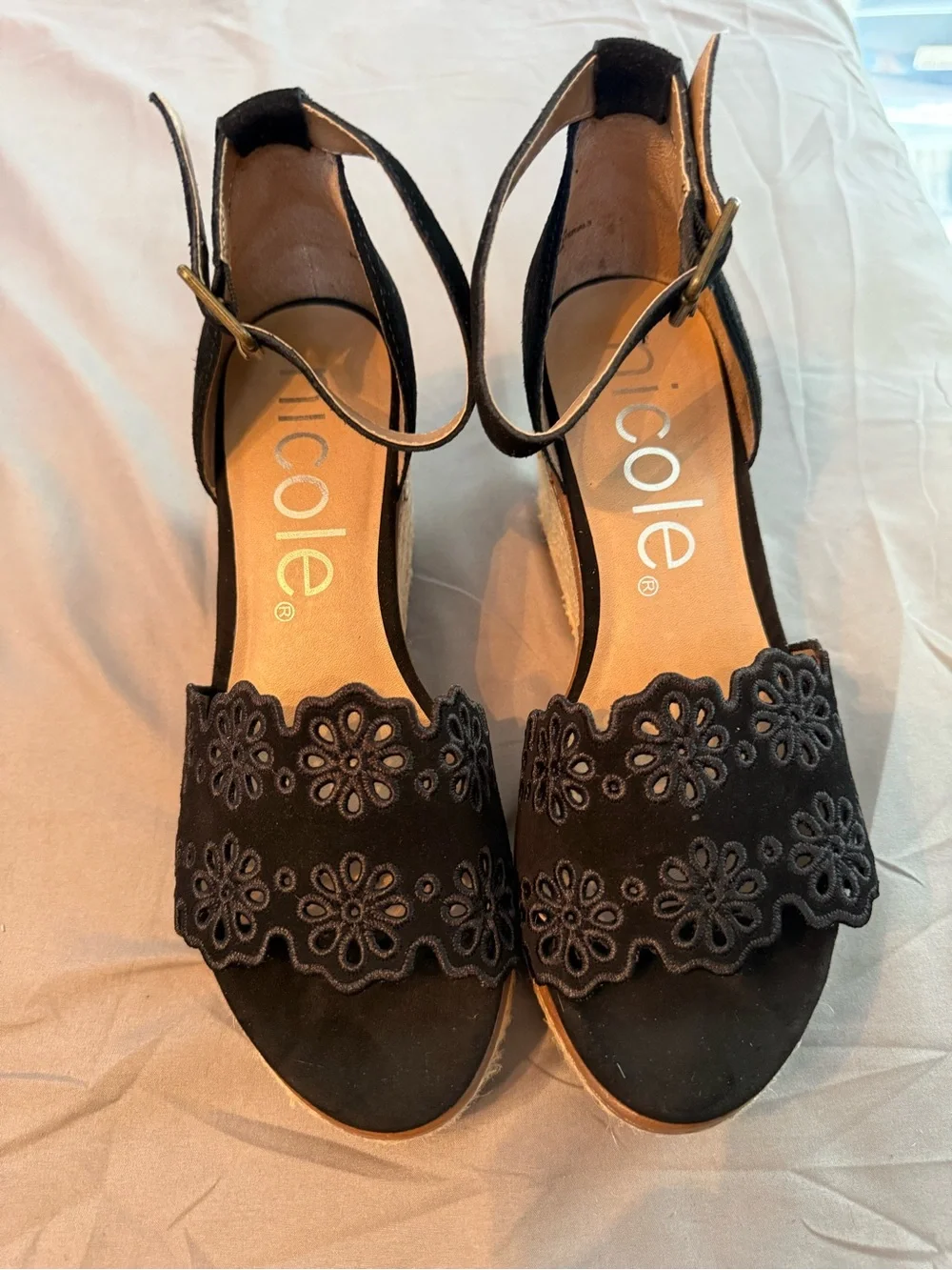 Nicole Black Floral Laser-Cut Ankle-Strap Sandals